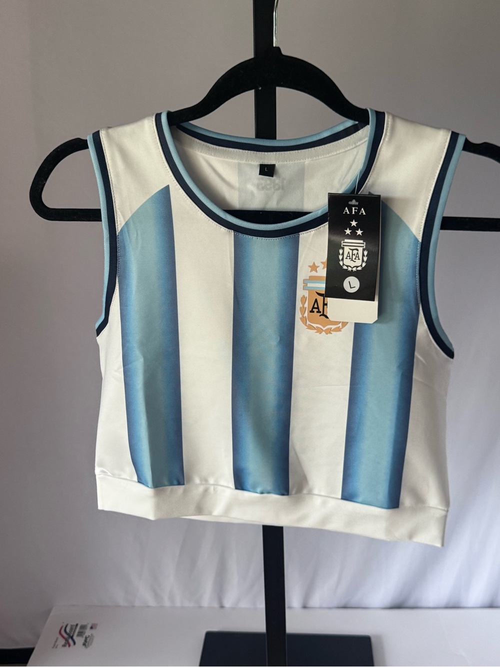 AFA Argentina Striped Crop Tank Top in Sky Blue & White Size Large